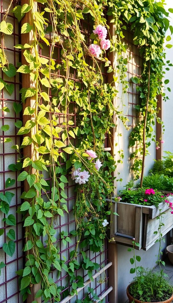 A lush vertical garden thrives on a trellis, cascading vines and blooms spilling over the sides. In the foreground, leafy plants climb upwards, their tendrils snaking through the wire mesh. The middle ground features trailing flowers, their petals gently swaying in the soft, diffused light. In the background, a weathered wooden planter box adds rustic charm, its contents overflowing with verdant foliage. The scene is illuminated by warm, natural lighting, casting gentle shadows that accentuate the textures and depths of the living wall. The overall mood is one of tranquility and harmonious integration of nature into a limited urban space. A lush vertical garden thrives on a trellis, cascading vines and blooms spilling over the sides. In the foreground, leafy plants climb upwards, their tendrils snaking through the wire mesh. The middle ground features trailing flowers, their petals gently swaying in the soft, diffused light. In the background, a weathered wooden planter box adds rustic charm, its contents overflowing with verdant foliage. The scene is illuminated by warm, natural lighting, casting gentle shadows that accentuate the textures and depths of the living wall. The overall mood is one of tranquility and harmonious integration of nature into a limited urban space.