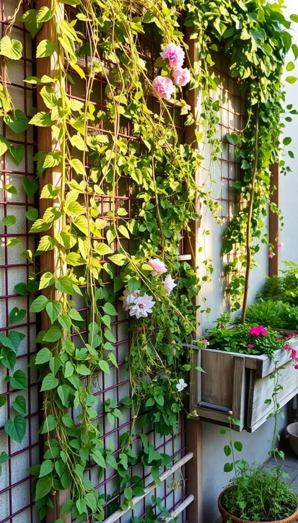 A lush vertical garden thrives on a trellis, cascading vines and blooms spilling over the sides. In the foreground, leafy plants climb upwards, their tendrils snaking through the wire mesh. The middle ground features trailing flowers, their petals gently swaying in the soft, diffused light. In the background, a weathered wooden planter box adds rustic charm, its contents overflowing with verdant foliage. The scene is illuminated by warm, natural lighting, casting gentle shadows that accentuate the textures and depths of the living wall. The overall mood is one of tranquility and harmonious integration of nature into a limited urban space. A lush vertical garden thrives on a trellis, cascading vines and blooms spilling over the sides. In the foreground, leafy plants climb upwards, their tendrils snaking through the wire mesh. The middle ground features trailing flowers, their petals gently swaying in the soft, diffused light. In the background, a weathered wooden planter box adds rustic charm, its contents overflowing with verdant foliage. The scene is illuminated by warm, natural lighting, casting gentle shadows that accentuate the textures and depths of the living wall. The overall mood is one of tranquility and harmonious integration of nature into a limited urban space.