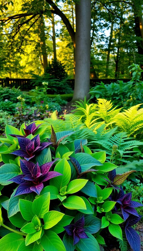 A lush, vibrant arrangement of foliage in a serene, softly-lit garden setting. In the foreground, a bouquet of diverse leaves in shades of emerald, chartreuse, and deep plum, their textures ranging from broad and glossy to delicate and lacy. The middle ground features a mix of ferns, hostas, and other shade-loving perennials, their undulating forms casting dramatic shadows on the ground. Tall, graceful trees frame the background, their canopy filtering the warm, golden sunlight and creating a tranquil, enveloping ambiance. The overall scene exudes a sense of harmony, balance, and natural beauty, perfectly suited to illustrate the design potential of foliage in a shaded environment.
