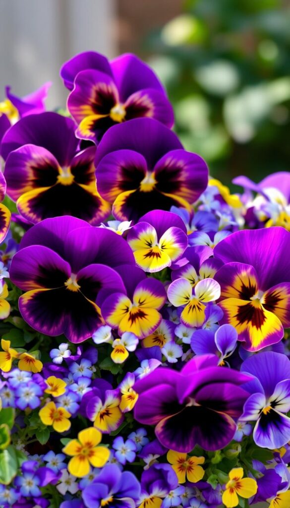 A lush, vibrant arrangement of pansies and violas in full bloom, their delicate petals shimmering under soft, diffused natural light. The flowers are set against a blurred, ethereal background, creating a sense of depth and focus on the foreground. The pansies, with their velvety purple and yellow hues, are complemented by the smaller, more vibrant violas in shades of blue, white, and yellow. The composition is balanced, with the flowers arranged in a natural, organic manner, lending an air of effortless beauty. The overall mood is one of cheerful, cool-weather charm, a testament to the resilience and beauty of these hardy, winter-blooming annuals. A lush, vibrant arrangement of pansies and violas in full bloom, their delicate petals shimmering under soft, diffused natural light. The flowers are set against a blurred, ethereal background, creating a sense of depth and focus on the foreground. The pansies, with their velvety purple and yellow hues, are complemented by the smaller, more vibrant violas in shades of blue, white, and yellow. The composition is balanced, with the flowers arranged in a natural, organic manner, lending an air of effortless beauty. The overall mood is one of cheerful, cool-weather charm, a testament to the resilience and beauty of these hardy, winter-blooming annuals.