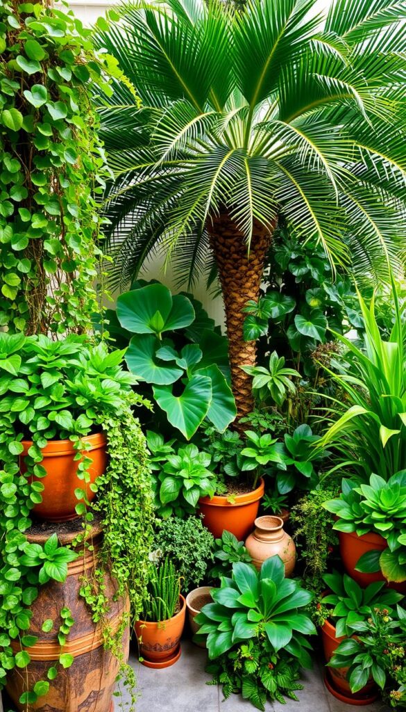 A lush, vibrant balcony oasis overflowing with a diverse array of potted plants. In the foreground, a cascading mix of trailing vines, ferns, and succulents spill over the edges of weathered terracotta containers. In the middle ground, larger leafy plants like monstera and fiddle-leaf figs rise up, creating depth and visual interest. Toward the back, a towering, bushy palm tree provides a sense of scale and privacy, its fronds gently swaying in the soft, dappled sunlight. The overall composition exudes a tranquil, zen-like ambiance, inviting one to pause and immerse themselves in this verdant sanctuary. A lush, vibrant balcony oasis overflowing with a diverse array of potted plants. In the foreground, a cascading mix of trailing vines, ferns, and succulents spill over the edges of weathered terracotta containers. In the middle ground, larger leafy plants like monstera and fiddle-leaf figs rise up, creating depth and visual interest. Toward the back, a towering, bushy palm tree provides a sense of scale and privacy, its fronds gently swaying in the soft, dappled sunlight. The overall composition exudes a tranquil, zen-like ambiance, inviting one to pause and immerse themselves in this verdant sanctuary.