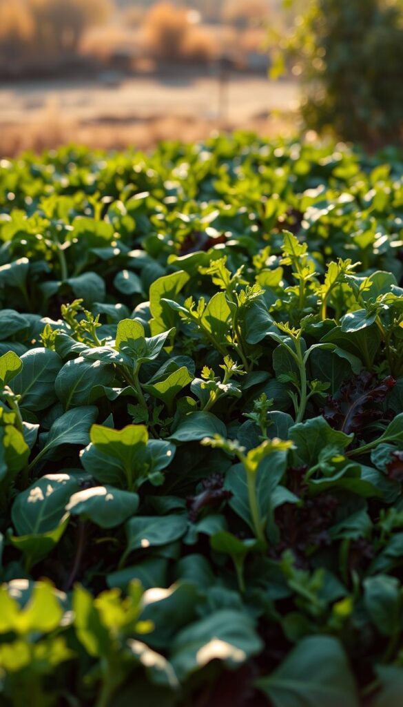 A lush, vibrant bed of dark green spinach leaves intertwined with the delicate, ruffled fronds of fresh arugula. The produce is lit from above by warm, golden sunlight, casting soft shadows and highlighting the crisp textures of the leaves. The scene is captured from a low angle, placing the viewer at eye level with the greens, immersing them in the earthy, peppery aroma. The background fades into a hazy, out-of-focus autumn landscape, with muted hues of orange and red, suggesting the transition into the cooler season. An inviting, nourishing display of the best fall crops for a sweet, steady harvest.