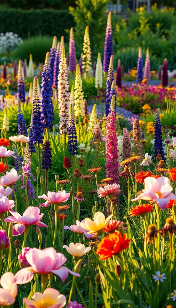 A lush, vibrant border of late spring perennials bathed in warm, golden afternoon light. In the foreground, bold blooms of peonies, irises, and poppies sway gently in a soft breeze. The middle ground features stately clumps of delphinium and lupine, their tall spires reaching towards the sky. In the background, a mix of colorful perennials such as salvia, coreopsis, and echinacea create a dynamic, layered tapestry. The scene is framed by a verdant, well-tended garden backdrop, hinting at the care and attention lavished on this captivating late spring display. A lush, vibrant border of late spring perennials bathed in warm, golden afternoon light. In the foreground, bold blooms of peonies, irises, and poppies sway gently in a soft breeze. The middle ground features stately clumps of delphinium and lupine, their tall spires reaching towards the sky. In the background, a mix of colorful perennials such as salvia, coreopsis, and echinacea create a dynamic, layered tapestry. The scene is framed by a verdant, well-tended garden backdrop, hinting at the care and attention lavished on this captivating late spring display.
