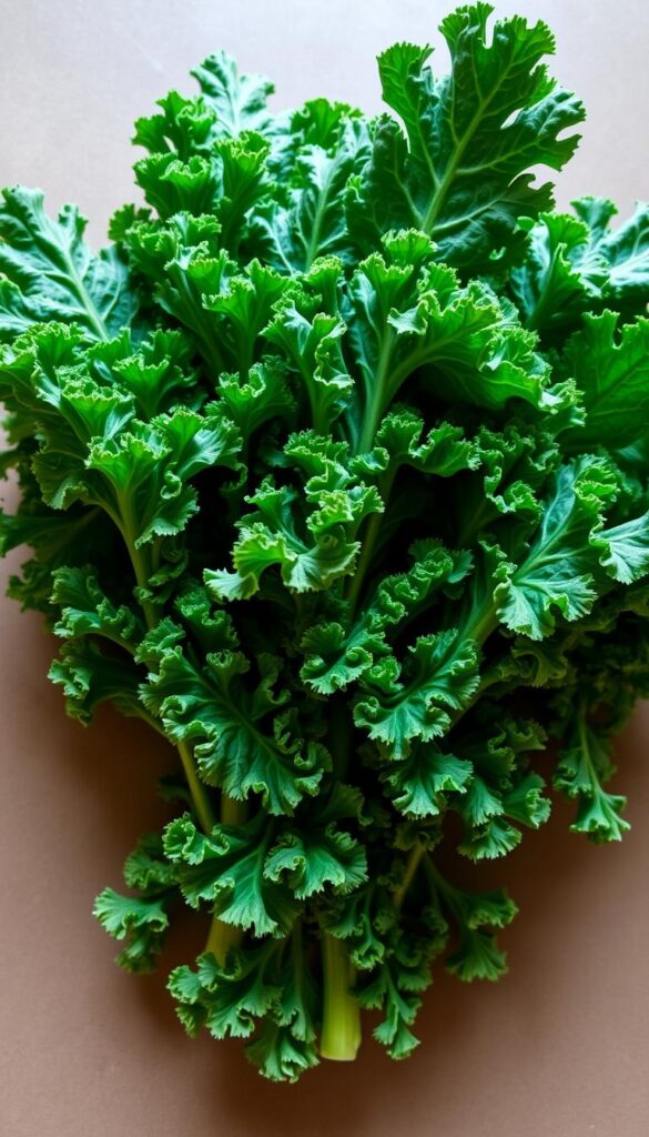 A lush, vibrant bundle of kale leaves, their deep green hues highlighted by soft, diffused natural lighting. The leaves are arranged in an artful, cascading composition, showcasing their unique frilly textures and robust stems. The background is a muted, earthy tone, allowing the kale to take center stage. The lighting is slightly angled, creating gentle shadows that accentuate the depth and dimension of the kale's intricate curls and ruffles. The overall mood is one of freshness, vitality, and the quintessential essence of a hardy, cold-weather green.