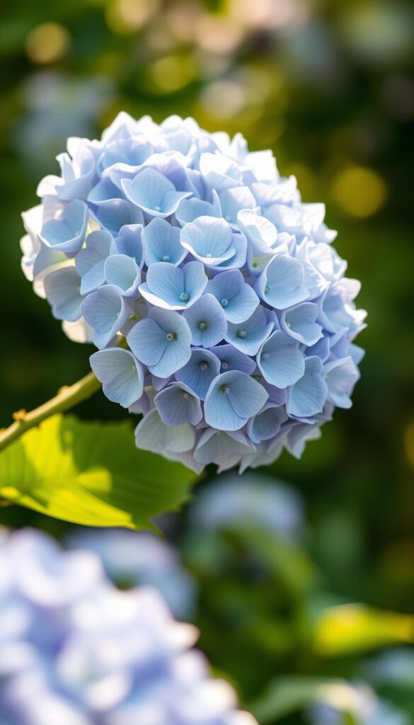 A lush, vibrant cluster of hydrangea blooms in full summer splendor. Close-up view capturing the intricate, delicate petals in shades of soft blue, lavender, and white. The blossoms appear to be backlit, casting a warm glow and highlighting their velvety texture. The flowers emerge from a verdant, leafy stem in the foreground, while a blurred, dreamy background suggests an idyllic garden setting. Natural, diffused lighting creates depth and dimension, accentuating the three-dimensional quality of the hydrangea heads. The overall scene radiates a sense of tranquility and the beauty of the fleeting summer season. A lush, vibrant cluster of hydrangea blooms in full summer splendor. Close-up view capturing the intricate, delicate petals in shades of soft blue, lavender, and white. The blossoms appear to be backlit, casting a warm glow and highlighting their velvety texture. The flowers emerge from a verdant, leafy stem in the foreground, while a blurred, dreamy background suggests an idyllic garden setting. Natural, diffused lighting creates depth and dimension, accentuating the three-dimensional quality of the hydrangea heads. The overall scene radiates a sense of tranquility and the beauty of the fleeting summer season.
