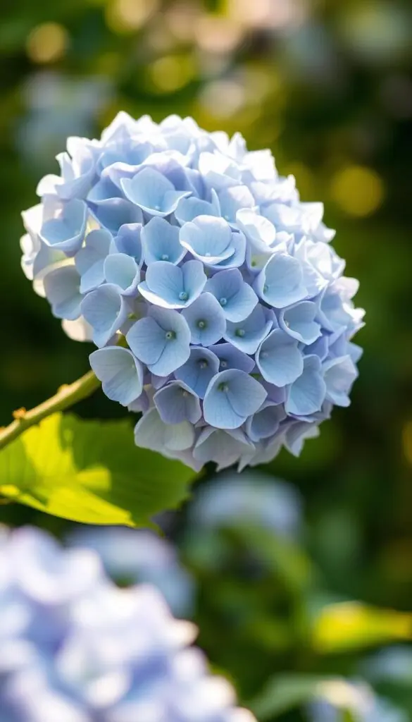 A lush, vibrant cluster of hydrangea blooms in full summer splendor. Close-up view capturing the intricate, delicate petals in shades of soft blue, lavender, and white. The blossoms appear to be backlit, casting a warm glow and highlighting their velvety texture. The flowers emerge from a verdant, leafy stem in the foreground, while a blurred, dreamy background suggests an idyllic garden setting. Natural, diffused lighting creates depth and dimension, accentuating the three-dimensional quality of the hydrangea heads. The overall scene radiates a sense of tranquility and the beauty of the fleeting summer season.