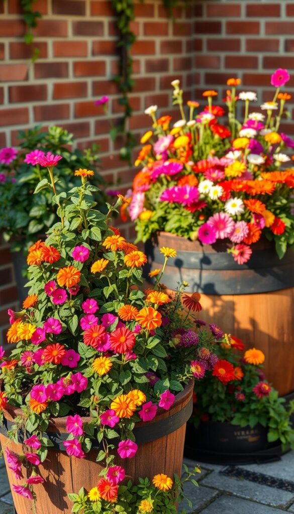 A lush, vibrant container garden overflowing with a diverse array of blooming flowers. In the foreground, a tiered planter arrangement featuring cascading trailing vines, bright petunias, and cheerful marigolds. In the middle ground, a rustic wooden barrel planter filled with an elegant assortment of colorful annuals like zinnias, cosmos, and snapdragons. The background showcases a charming brick wall, softened by the verdant foliage spilling over the container edges. The lighting is warm and natural, casting a golden glow that highlights the texture and vibrant hues of the flourishing blooms. The overall composition conveys a sense of abundant, low-maintenance beauty perfect for brightening up a small outdoor space. A lush, vibrant container garden overflowing with a diverse array of blooming flowers. In the foreground, a tiered planter arrangement featuring cascading trailing vines, bright petunias, and cheerful marigolds. In the middle ground, a rustic wooden barrel planter filled with an elegant assortment of colorful annuals like zinnias, cosmos, and snapdragons. The background showcases a charming brick wall, softened by the verdant foliage spilling over the container edges. The lighting is warm and natural, casting a golden glow that highlights the texture and vibrant hues of the flourishing blooms. The overall composition conveys a sense of abundant, low-maintenance beauty perfect for brightening up a small outdoor space.