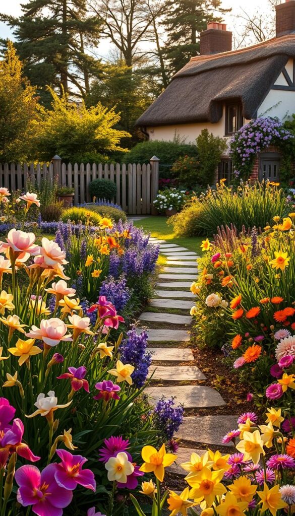 A lush, vibrant cottage garden in warm, golden afternoon light. In the foreground, a colorful array of blooming perennials - delicate peonies, velvety irises, and cheerful daffodils. In the middle ground, a winding stone path leads through an abundance of cascading flowers - fragrant lavender, trailing vines, and fluffy pom-pom dahlias. In the background, a charming weathered wooden fence frames a view of a quaint cottage with a thatched roof, nestled among towering trees. The scene exudes a sense of timeless, inviting tranquility, drawing the viewer into its enchanting, quintessential cottage garden atmosphere.