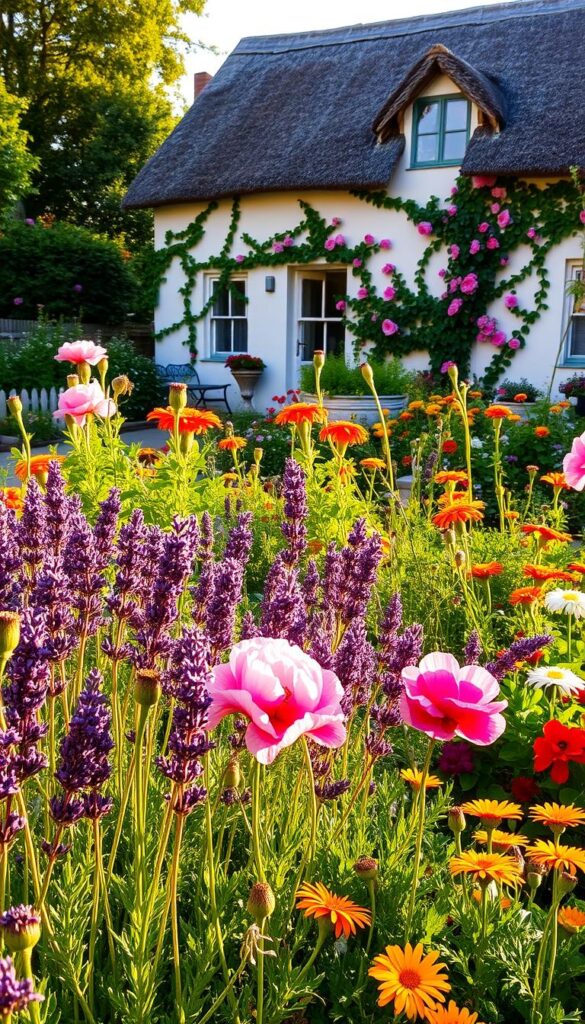 A lush, vibrant cottage garden scene, captured in warm, golden afternoon light. In the foreground, a rich tapestry of perennials - fragrant lavender, billowing peonies, and whimsical poppies. The middle ground features a mix of culinary herbs - rosemary, thyme, and basil - alongside cheerful annual flowers like marigolds and zinnias. In the background, a picturesque white-washed cottage with a thatched roof, surrounded by a riot of climbing roses and clematis. The scene exudes a sense of abundance, tranquility, and a connection to nature.