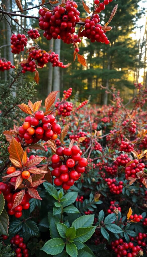 A lush, vibrant display of berries and foliage in the foreground, showcasing rich autumnal hues of red, orange, and purple. The mid-ground features a mix of evergreen plants with textured leaves and delicate buds, creating a sense of depth and layering. In the background, a softly-lit forest scene with dappled sunlight filtering through the canopy, lending a warm, ethereal atmosphere. The overall composition is balanced, with a natural, organic flow that captures the beauty of winter's color palette beyond just green. Captured with a wide-angle lens to accentuate the depth and breadth of the scene, creating an immersive, high-resolution image. A lush, vibrant display of berries and foliage in the foreground, showcasing rich autumnal hues of red, orange, and purple. The mid-ground features a mix of evergreen plants with textured leaves and delicate buds, creating a sense of depth and layering. In the background, a softly-lit forest scene with dappled sunlight filtering through the canopy, lending a warm, ethereal atmosphere. The overall composition is balanced, with a natural, organic flow that captures the beauty of winter's color palette beyond just green. Captured with a wide-angle lens to accentuate the depth and breadth of the scene, creating an immersive, high-resolution image.