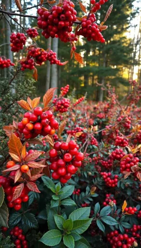 A lush, vibrant display of berries and foliage in the foreground, showcasing rich autumnal hues of red, orange, and purple. The mid-ground features a mix of evergreen plants with textured leaves and delicate buds, creating a sense of depth and layering. In the background, a softly-lit forest scene with dappled sunlight filtering through the canopy, lending a warm, ethereal atmosphere. The overall composition is balanced, with a natural, organic flow that captures the beauty of winter's color palette beyond just green. Captured with a wide-angle lens to accentuate the depth and breadth of the scene, creating an immersive, high-resolution image.