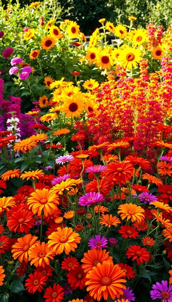 A lush, vibrant display of sun-loving annuals bursting with color. In the foreground, a profusion of marigolds, zinnias, and cosmos sway gently in a warm summer breeze, their petals glowing under the golden rays of a mid-afternoon sun. The middle ground features a mix of cheerful sunflowers and trailing vines of trailing lantana, their blooms creating a harmonious tapestry of hues. In the background, a backdrop of verdant foliage frames the scene, hinting at a thriving garden oasis. The composition is captured with a slightly elevated perspective, allowing the viewer to fully immerse in the warm, inviting atmosphere of this heat-tolerant, color-rich display. A lush, vibrant display of sun-loving annuals bursting with color. In the foreground, a profusion of marigolds, zinnias, and cosmos sway gently in a warm summer breeze, their petals glowing under the golden rays of a mid-afternoon sun. The middle ground features a mix of cheerful sunflowers and trailing vines of trailing lantana, their blooms creating a harmonious tapestry of hues. In the background, a backdrop of verdant foliage frames the scene, hinting at a thriving garden oasis. The composition is captured with a slightly elevated perspective, allowing the viewer to fully immerse in the warm, inviting atmosphere of this heat-tolerant, color-rich display.