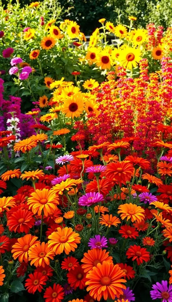 A lush, vibrant display of sun-loving annuals bursting with color. In the foreground, a profusion of marigolds, zinnias, and cosmos sway gently in a warm summer breeze, their petals glowing under the golden rays of a mid-afternoon sun. The middle ground features a mix of cheerful sunflowers and trailing vines of trailing lantana, their blooms creating a harmonious tapestry of hues. In the background, a backdrop of verdant foliage frames the scene, hinting at a thriving garden oasis. The composition is captured with a slightly elevated perspective, allowing the viewer to fully immerse in the warm, inviting atmosphere of this heat-tolerant, color-rich display. A lush, vibrant display of sun-loving annuals bursting with color. In the foreground, a profusion of marigolds, zinnias, and cosmos sway gently in a warm summer breeze, their petals glowing under the golden rays of a mid-afternoon sun. The middle ground features a mix of cheerful sunflowers and trailing vines of trailing lantana, their blooms creating a harmonious tapestry of hues. In the background, a backdrop of verdant foliage frames the scene, hinting at a thriving garden oasis. The composition is captured with a slightly elevated perspective, allowing the viewer to fully immerse in the warm, inviting atmosphere of this heat-tolerant, color-rich display.