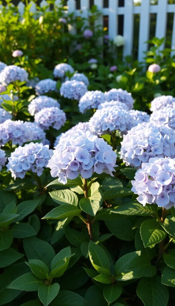 A lush, vibrant field of hydrangea blooms in the afternoon sunlight, the large, rounded flower heads in shades of soft blue, lavender, and pink. The plants are well-established, with thick, woody stems and deep green leaves. The scene has a sense of warmth and tranquility, inviting the viewer to pause and appreciate the natural beauty. The focus is on the hydrangeas in the foreground, with a slightly blurred background of verdant foliage and a glimpse of a picket fence or garden path. The lighting is gentle, creating soft shadows and highlights that accentuate the delicate petals. The overall impression is one of a well-tended, thriving garden, ready to delight with its low-maintenance, neighborhood-friendly charm. A lush, vibrant field of hydrangea blooms in the afternoon sunlight, the large, rounded flower heads in shades of soft blue, lavender, and pink. The plants are well-established, with thick, woody stems and deep green leaves. The scene has a sense of warmth and tranquility, inviting the viewer to pause and appreciate the natural beauty. The focus is on the hydrangeas in the foreground, with a slightly blurred background of verdant foliage and a glimpse of a picket fence or garden path. The lighting is gentle, creating soft shadows and highlights that accentuate the delicate petals. The overall impression is one of a well-tended, thriving garden, ready to delight with its low-maintenance, neighborhood-friendly charm.