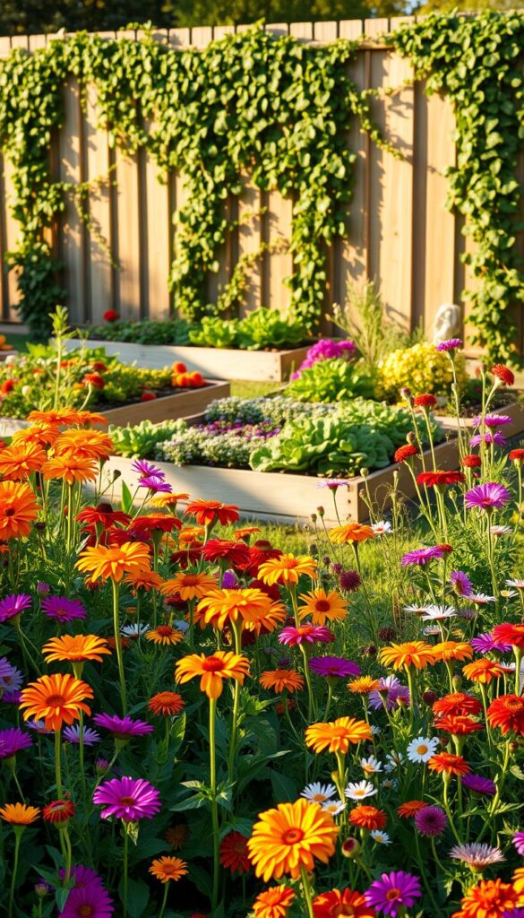 A lush, vibrant flower garden in full bloom, bathed in warm, golden afternoon sunlight. In the foreground, a vibrant mix of colorful annuals and perennials - marigolds, zinnias, cosmos, and daisies sway gently in a light breeze. In the middle ground, neatly arranged raised garden beds overflow with leafy green lettuces, herbs, and tomato plants. The background showcases a picturesque wooden fence draped with climbing vines, framing the scene. A sense of tranquility and abundance pervades the atmosphere, as if capturing the essence of a bountiful edible garden in springtime.
