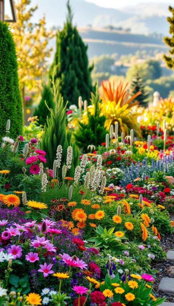 A lush, vibrant four-season garden with a captivating arrangement of blooming flowers, verdant foliage, and seasonal accents. In the foreground, a diverse mix of perennials, annuals, and bulbs in a carefully curated palette, creating a visually stunning tapestry of colors and textures. The middle ground features a variety of evergreen shrubs and small trees, providing a sense of depth and structure. In the background, a soft, blurred landscape with distant hills, creating a picturesque and inviting atmosphere. The lighting is warm and natural, casting a gentle glow over the scene, emphasizing the beauty and tranquility of this enchanting front yard oasis. A lush, vibrant four-season garden with a captivating arrangement of blooming flowers, verdant foliage, and seasonal accents. In the foreground, a diverse mix of perennials, annuals, and bulbs in a carefully curated palette, creating a visually stunning tapestry of colors and textures. The middle ground features a variety of evergreen shrubs and small trees, providing a sense of depth and structure. In the background, a soft, blurred landscape with distant hills, creating a picturesque and inviting atmosphere. The lighting is warm and natural, casting a gentle glow over the scene, emphasizing the beauty and tranquility of this enchanting front yard oasis.