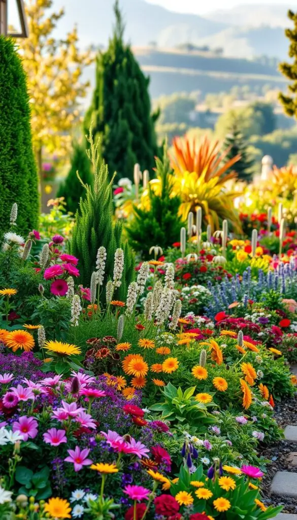 A lush, vibrant four-season garden with a captivating arrangement of blooming flowers, verdant foliage, and seasonal accents. In the foreground, a diverse mix of perennials, annuals, and bulbs in a carefully curated palette, creating a visually stunning tapestry of colors and textures. The middle ground features a variety of evergreen shrubs and small trees, providing a sense of depth and structure. In the background, a soft, blurred landscape with distant hills, creating a picturesque and inviting atmosphere. The lighting is warm and natural, casting a gentle glow over the scene, emphasizing the beauty and tranquility of this enchanting front yard oasis. A lush, vibrant four-season garden with a captivating arrangement of blooming flowers, verdant foliage, and seasonal accents. In the foreground, a diverse mix of perennials, annuals, and bulbs in a carefully curated palette, creating a visually stunning tapestry of colors and textures. The middle ground features a variety of evergreen shrubs and small trees, providing a sense of depth and structure. In the background, a soft, blurred landscape with distant hills, creating a picturesque and inviting atmosphere. The lighting is warm and natural, casting a gentle glow over the scene, emphasizing the beauty and tranquility of this enchanting front yard oasis.