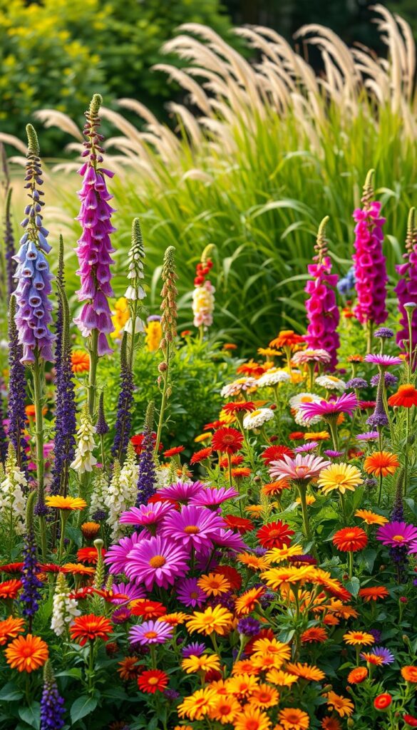 A lush, vibrant garden bed filled with an abundance of diverse plants, exuding a sense of height and depth. The foreground showcases a mix of tall, stately perennials such as delphiniums, foxgloves, and hollyhocks, their stately stalks reaching skyward. The middle ground is adorned with clusters of colorful annuals like zinnias, marigolds, and cosmos, adding a captivating tapestry of hues. In the background, a subtle backdrop of verdant foliage and soft, wispy grasses provides a harmonious setting, creating an inviting and visually striking scene. Warm, diffused lighting filters through the garden, casting a gentle glow and highlighting the textural details of the plants. The overall composition conveys a sense of depth, balance, and a harmonious integration of height, color, and texture within the garden beds. A lush, vibrant garden bed filled with an abundance of diverse plants, exuding a sense of height and depth. The foreground showcases a mix of tall, stately perennials such as delphiniums, foxgloves, and hollyhocks, their stately stalks reaching skyward. The middle ground is adorned with clusters of colorful annuals like zinnias, marigolds, and cosmos, adding a captivating tapestry of hues. In the background, a subtle backdrop of verdant foliage and soft, wispy grasses provides a harmonious setting, creating an inviting and visually striking scene. Warm, diffused lighting filters through the garden, casting a gentle glow and highlighting the textural details of the plants. The overall composition conveys a sense of depth, balance, and a harmonious integration of height, color, and texture within the garden beds.