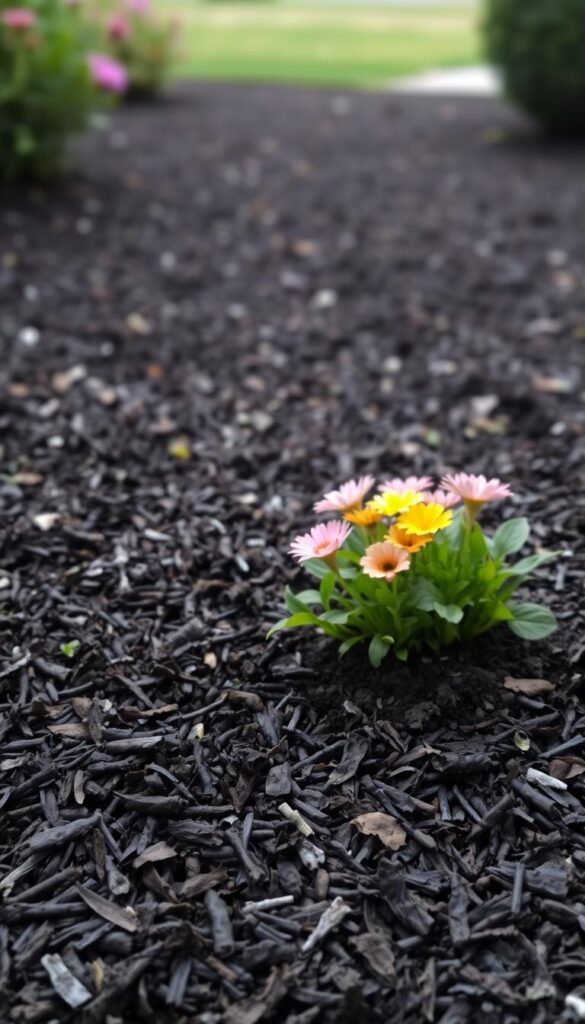 A lush, vibrant garden bed with a moist, dark-colored mulch covering the soil. The mulch is composed of small, shredded pieces of organic material, creating a uniform, cohesive layer. The mulch glistens subtly, reflecting the soft, diffused lighting that bathes the scene. In the foreground, the mulch frames a collection of thriving, colorful flowers, their petals and foliage creating a vibrant, eye-catching focal point. The middle ground showcases the mulch's smooth, even texture, while the background fades into a blurred, natural landscape, hinting at the broader context of the garden. The overall atmosphere conveys a sense of nurturing, healthy growth and a well-tended, visually appealing front yard flowerbed. A lush, vibrant garden bed with a moist, dark-colored mulch covering the soil. The mulch is composed of small, shredded pieces of organic material, creating a uniform, cohesive layer. The mulch glistens subtly, reflecting the soft, diffused lighting that bathes the scene. In the foreground, the mulch frames a collection of thriving, colorful flowers, their petals and foliage creating a vibrant, eye-catching focal point. The middle ground showcases the mulch's smooth, even texture, while the background fades into a blurred, natural landscape, hinting at the broader context of the garden. The overall atmosphere conveys a sense of nurturing, healthy growth and a well-tended, visually appealing front yard flowerbed.