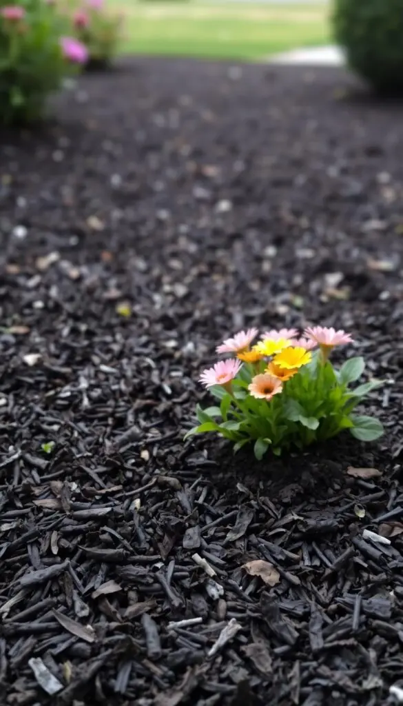 A lush, vibrant garden bed with a moist, dark-colored mulch covering the soil. The mulch is composed of small, shredded pieces of organic material, creating a uniform, cohesive layer. The mulch glistens subtly, reflecting the soft, diffused lighting that bathes the scene. In the foreground, the mulch frames a collection of thriving, colorful flowers, their petals and foliage creating a vibrant, eye-catching focal point. The middle ground showcases the mulch's smooth, even texture, while the background fades into a blurred, natural landscape, hinting at the broader context of the garden. The overall atmosphere conveys a sense of nurturing, healthy growth and a well-tended, visually appealing front yard flowerbed. A lush, vibrant garden bed with a moist, dark-colored mulch covering the soil. The mulch is composed of small, shredded pieces of organic material, creating a uniform, cohesive layer. The mulch glistens subtly, reflecting the soft, diffused lighting that bathes the scene. In the foreground, the mulch frames a collection of thriving, colorful flowers, their petals and foliage creating a vibrant, eye-catching focal point. The middle ground showcases the mulch's smooth, even texture, while the background fades into a blurred, natural landscape, hinting at the broader context of the garden. The overall atmosphere conveys a sense of nurturing, healthy growth and a well-tended, visually appealing front yard flowerbed.