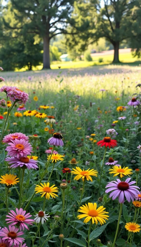 A lush, vibrant garden bursting with an array of perennial flowers that attract pollinators. In the foreground, clusters of colorful blooms in shades of pink, purple, and yellow sway gently in a soft breeze. The middle ground showcases a diverse tapestry of native plants, their petals unfurling to reveal nectar-rich centers. In the background, a sun-dappled meadow stretches out, with towering trees providing a natural backdrop. The scene is bathed in warm, golden light, creating a serene and inviting atmosphere that captures the essence of a pollinator-friendly perennial garden.
