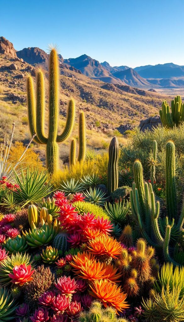 A lush, vibrant garden bursting with drought-tolerant plants thriving in the warm, golden sunlight. In the foreground, a vibrant array of colorful succulents and cacti, their intricate textures and geometric shapes creating a captivating visual display. In the middle ground, tall, slender yuccas and agave plants sway gracefully, their spiky foliage adding a dynamic, architectural element. The background features a stunning panorama of rugged, sun-dappled terrain, with rolling hills and rocky outcroppings providing a dramatic, natural backdrop. The overall scene conveys a sense of resilience, beauty, and harmony, perfectly capturing the essence of low-maintenance, heat-loving plants that flourish in full sun.