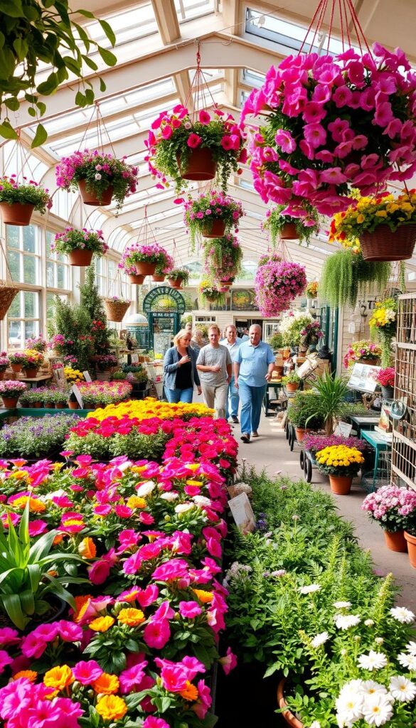 A lush, vibrant garden center with an abundance of colorful flowers, plants, and garden accessories. A warm, inviting atmosphere with natural light streaming in through large windows. In the foreground, rows of potted plants and hanging baskets, their petals and leaves gently swaying. In the middle ground, customers browse through the aisles, inspecting the wares and chatting with knowledgeable staff. The background features a mix of outdoor displays, garden furniture, and landscaping elements that create a cohesive, well-curated shopping experience. The overall scene conveys a sense of spring and summer abundance, inspiring visitors to explore and find the perfect additions for their own gardens. A lush, vibrant garden center with an abundance of colorful flowers, plants, and garden accessories. A warm, inviting atmosphere with natural light streaming in through large windows. In the foreground, rows of potted plants and hanging baskets, their petals and leaves gently swaying. In the middle ground, customers browse through the aisles, inspecting the wares and chatting with knowledgeable staff. The background features a mix of outdoor displays, garden furniture, and landscaping elements that create a cohesive, well-curated shopping experience. The overall scene conveys a sense of spring and summer abundance, inspiring visitors to explore and find the perfect additions for their own gardens.