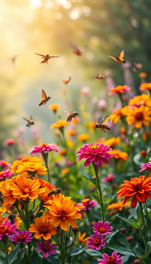 A lush, vibrant garden filled with a diverse array of pollinators, including honeybees, butterflies, and hummingbirds, gracefully fluttering among a captivating array of brightly colored flowers. The foreground showcases clusters of nectar-rich blooms, their petals radiant in the soft, golden sunlight filtering through the background foliage. In the middle ground, pollinators flit from flower to flower, their intricate movements and iridescent wings capturing the essence of a thriving, pollinator-friendly ecosystem. The background features a dreamy, blurred landscape, accentuating the focus on the captivating interaction between the pollinators and the vibrant floral display. A lush, vibrant garden filled with a diverse array of pollinators, including honeybees, butterflies, and hummingbirds, gracefully fluttering among a captivating array of brightly colored flowers. The foreground showcases clusters of nectar-rich blooms, their petals radiant in the soft, golden sunlight filtering through the background foliage. In the middle ground, pollinators flit from flower to flower, their intricate movements and iridescent wings capturing the essence of a thriving, pollinator-friendly ecosystem. The background features a dreamy, blurred landscape, accentuating the focus on the captivating interaction between the pollinators and the vibrant floral display.