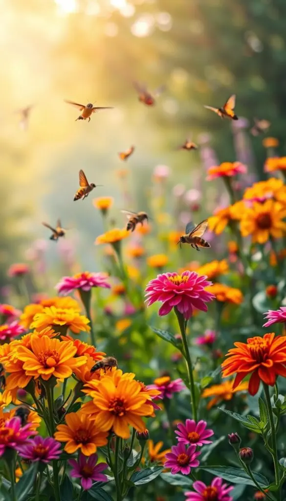 A lush, vibrant garden filled with a diverse array of pollinators, including honeybees, butterflies, and hummingbirds, gracefully fluttering among a captivating array of brightly colored flowers. The foreground showcases clusters of nectar-rich blooms, their petals radiant in the soft, golden sunlight filtering through the background foliage. In the middle ground, pollinators flit from flower to flower, their intricate movements and iridescent wings capturing the essence of a thriving, pollinator-friendly ecosystem. The background features a dreamy, blurred landscape, accentuating the focus on the captivating interaction between the pollinators and the vibrant floral display.