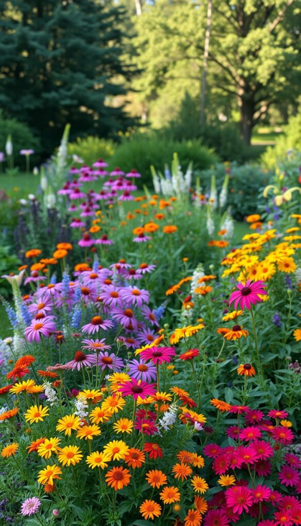 A lush, vibrant garden filled with a harmonious mix of perennial and annual flowers. In the foreground, a cluster of colorful annuals such as marigolds, zinnias, and cosmos cascade down a gently sloping path. Behind them, the sturdy stems of perennial plants like purple coneflowers, black-eyed Susans, and daylilies sway gently in the soft breeze. In the middle distance, a backdrop of mature trees and shrubs creates a warm, inviting atmosphere, dappled with soft, diffused light. The overall scene conveys a sense of natural beauty, balance, and four-season interest, as the different plant types complement each other seamlessly. A lush, vibrant garden filled with a harmonious mix of perennial and annual flowers. In the foreground, a cluster of colorful annuals such as marigolds, zinnias, and cosmos cascade down a gently sloping path. Behind them, the sturdy stems of perennial plants like purple coneflowers, black-eyed Susans, and daylilies sway gently in the soft breeze. In the middle distance, a backdrop of mature trees and shrubs creates a warm, inviting atmosphere, dappled with soft, diffused light. The overall scene conveys a sense of natural beauty, balance, and four-season interest, as the different plant types complement each other seamlessly.