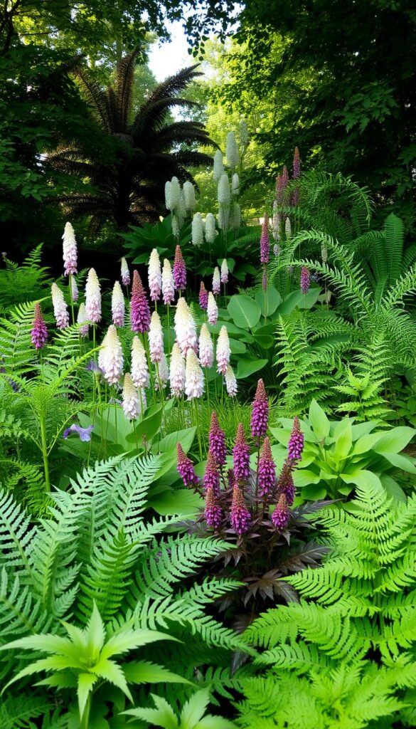 A lush, vibrant garden filled with an array of shade-loving perennials. In the foreground, delicate ferns and leafy hostas sway gently, their verdant foliage creating a serene, calming atmosphere. In the middle ground, clusters of delicate astilbes in shades of pink, white, and purple stand tall, their feathery plumes adding a touch of whimsy. Farther back, the broad leaves of majestic elephant's ear plants and the graceful fronds of Japanese painted ferns create a sense of depth and layering. Soft, diffused lighting filters through the canopy of trees, casting a warm, dappled glow across the scene. The overall mood is one of tranquility and natural beauty, perfect for a shaded oasis.