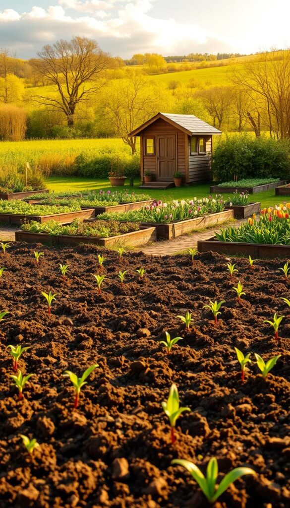A lush, vibrant garden in early spring. The foreground is filled with freshly tilled soil, dotted with rows of seedlings and small gardening tools. The middle ground showcases neatly arranged raised beds, overflowing with budding plants and flowering bulbs. In the background, a quaint garden shed stands amidst a verdant landscape, bathed in warm, golden sunlight filtering through wispy clouds. The scene conveys a sense of anticipation and renewal, as the gardener prepares the soil and plants for the growing season ahead. A lush, vibrant garden in early spring. The foreground is filled with freshly tilled soil, dotted with rows of seedlings and small gardening tools. The middle ground showcases neatly arranged raised beds, overflowing with budding plants and flowering bulbs. In the background, a quaint garden shed stands amidst a verdant landscape, bathed in warm, golden sunlight filtering through wispy clouds. The scene conveys a sense of anticipation and renewal, as the gardener prepares the soil and plants for the growing season ahead.