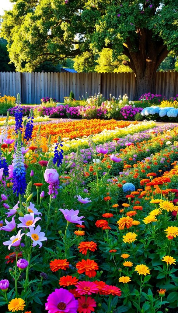 A lush, vibrant garden in golden afternoon light. In the foreground, a mix of colorful perennials in full bloom - delphinium, peonies, and lilies swaying gently. In the middle ground, orderly rows of annual flowers like marigolds and zinnias create a bloom framework. Bordering the garden, a low hedge of flowering shrubs like hydrangeas and roses. The background features a weathered wooden fence and a mature oak tree casting soft shadows. The scene has a sense of abundance and tranquility, inviting the viewer to step into this oasis of summer color and fragrance. A lush, vibrant garden in golden afternoon light. In the foreground, a mix of colorful perennials in full bloom - delphinium, peonies, and lilies swaying gently. In the middle ground, orderly rows of annual flowers like marigolds and zinnias create a bloom framework. Bordering the garden, a low hedge of flowering shrubs like hydrangeas and roses. The background features a weathered wooden fence and a mature oak tree casting soft shadows. The scene has a sense of abundance and tranquility, inviting the viewer to step into this oasis of summer color and fragrance.
