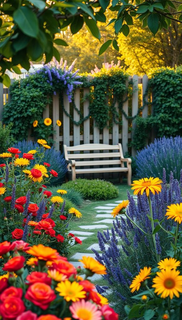 A lush, vibrant garden in the foreground, bursting with a kaleidoscope of colorful blooms - vibrant red roses, cheerful yellow sunflowers, and fragrant purple lavender. In the middle ground, a quaint wooden bench invites visitors to sit and admire the scenery, with a winding stone path leading deeper into the garden. The background features a charming picket fence, softened by the trailing vines and shrubs that spill over its edges, creating a cozy, inviting atmosphere. Warm, golden light filters through the leaves, casting a gentle glow over the entire scene. The composition is balanced and harmonious, capturing the essence of a tranquil, welcoming outdoor oasis.
