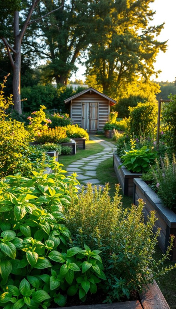 A lush, vibrant garden oasis bathed in warm, golden afternoon light. In the foreground, an array of flourishing culinary herbs - lush green basil, fragrant rosemary, and delicate thyme - growing in carefully tended raised garden beds. The middle ground features a winding stone path leading deeper into the scene, flanked by verdant foliage and the occasional splash of colorful blooms. In the distance, a picturesque wooden shed with a weathered facade nestled amidst towering trees, evoking a sense of peaceful solitude. The overall atmosphere is one of tranquility, inviting the viewer to immerse themselves in the serene beauty of this carefully curated kitchen garden. A lush, vibrant garden oasis bathed in warm, golden afternoon light. In the foreground, an array of flourishing culinary herbs - lush green basil, fragrant rosemary, and delicate thyme - growing in carefully tended raised garden beds. The middle ground features a winding stone path leading deeper into the scene, flanked by verdant foliage and the occasional splash of colorful blooms. In the distance, a picturesque wooden shed with a weathered facade nestled amidst towering trees, evoking a sense of peaceful solitude. The overall atmosphere is one of tranquility, inviting the viewer to immerse themselves in the serene beauty of this carefully curated kitchen garden.