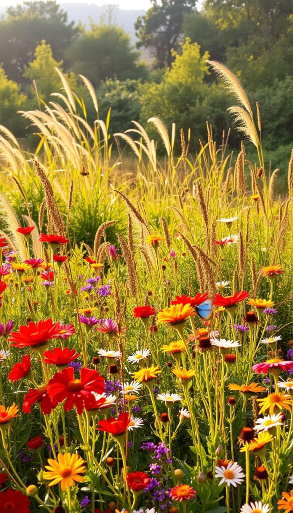 A lush, vibrant garden of native wildflowers and plants, bathed in warm, golden afternoon light. In the foreground, a colorful array of blooms - vivid reds, purples, yellows, and whites - sway gently in a soft breeze. The middle ground reveals a mix of tall grasses, ferns, and bushes, creating a rich, layered texture. In the background, a hazy tree line provides a natural, serene backdrop. The scene is alive with the activity of butterflies and bees, pollinating the flowers and adding to the sense of harmony between the local flora and fauna. The overall mood is one of tranquility and natural beauty, showcasing the importance of native plants for supporting local ecosystems.