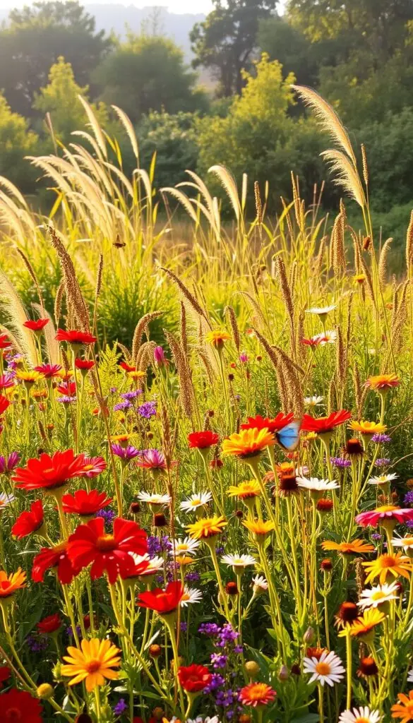 A lush, vibrant garden of native wildflowers and plants, bathed in warm, golden afternoon light. In the foreground, a colorful array of blooms - vivid reds, purples, yellows, and whites - sway gently in a soft breeze. The middle ground reveals a mix of tall grasses, ferns, and bushes, creating a rich, layered texture. In the background, a hazy tree line provides a natural, serene backdrop. The scene is alive with the activity of butterflies and bees, pollinating the flowers and adding to the sense of harmony between the local flora and fauna. The overall mood is one of tranquility and natural beauty, showcasing the importance of native plants for supporting local ecosystems. A lush, vibrant garden of native wildflowers and plants, bathed in warm, golden afternoon light. In the foreground, a colorful array of blooms - vivid reds, purples, yellows, and whites - sway gently in a soft breeze. The middle ground reveals a mix of tall grasses, ferns, and bushes, creating a rich, layered texture. In the background, a hazy tree line provides a natural, serene backdrop. The scene is alive with the activity of butterflies and bees, pollinating the flowers and adding to the sense of harmony between the local flora and fauna. The overall mood is one of tranquility and natural beauty, showcasing the importance of native plants for supporting local ecosystems.