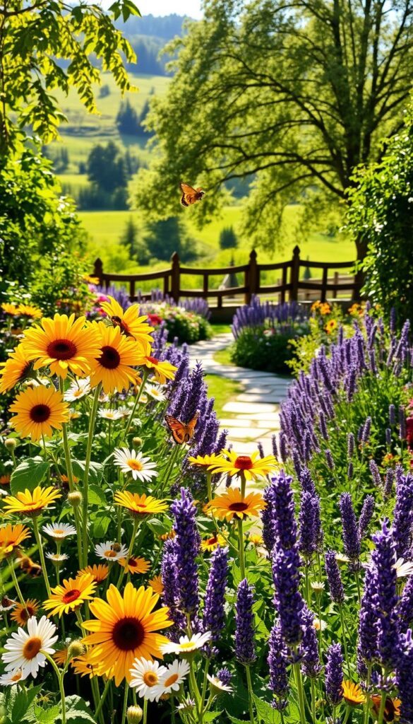 A lush, vibrant garden scene bathed in warm afternoon sunlight. In the foreground, a well-tended flower bed overflows with a colorful array of blooms - cheerful sunflowers, delicate daisies, and fragrant lavender swaying gently in a light breeze. The middle ground features a meandering stone path lined with leafy greenery and buzzing with activity as honey bees and butterflies flit from flower to flower. In the background, a wooden fence frames a verdant, rolling landscape dotted with mature trees casting dappled shadows. The overall atmosphere is one of tranquility, beauty, and a harmonious coexistence between nature and its pollinators.