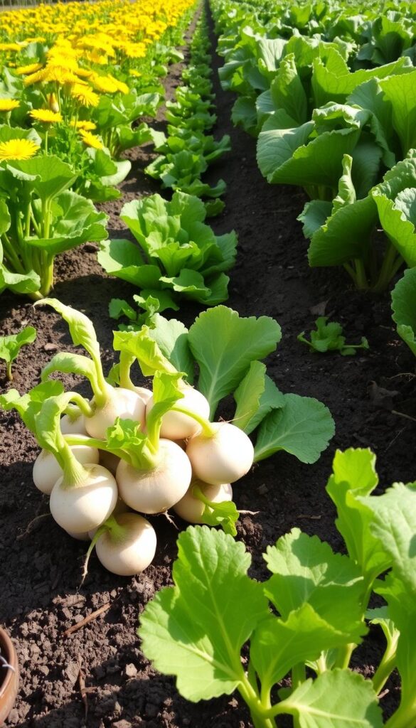 A lush, vibrant garden scene featuring a bountiful harvest of turnips and mustard greens. In the foreground, a cluster of plump, ivory turnips with delicate, green tops emerge from the nutrient-rich soil, their leaves gently unfurling. Surrounding them, verdant mustard greens with their signature broad, ruffled leaves and vibrant yellow flowers stand tall, radiating warmth. In the middle ground, additional rows of the verdant greens and roots recede into the distance, creating a sense of abundance and productivity. The scene is bathed in soft, natural light, casting gentle shadows and highlighting the textures of the produce. The overall atmosphere conveys the ease and speed with which these resilient, versatile vegetables can be grown and harvested. A lush, vibrant garden scene featuring a bountiful harvest of turnips and mustard greens. In the foreground, a cluster of plump, ivory turnips with delicate, green tops emerge from the nutrient-rich soil, their leaves gently unfurling. Surrounding them, verdant mustard greens with their signature broad, ruffled leaves and vibrant yellow flowers stand tall, radiating warmth. In the middle ground, additional rows of the verdant greens and roots recede into the distance, creating a sense of abundance and productivity. The scene is bathed in soft, natural light, casting gentle shadows and highlighting the textures of the produce. The overall atmosphere conveys the ease and speed with which these resilient, versatile vegetables can be grown and harvested.