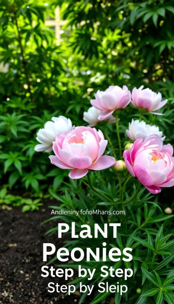 A lush, vibrant garden scene featuring a cluster of freshly planted peonies in the foreground. The delicate, full-bloomed flowers in shades of pink and white are set against a backdrop of verdant foliage and a soft, diffused natural light filtering through the leaves. The composition is balanced, with the peonies taking center stage while the surrounding elements provide a harmonious, serene setting. The image conveys a sense of care, attention to detail, and the promise of a bountiful peony display to come, perfectly reflecting the "How to Plant Peonies Step by Step" section of the article.
