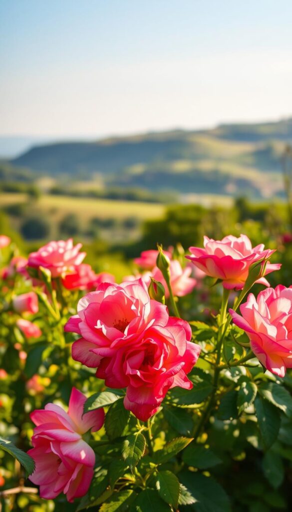A lush, vibrant garden scene featuring a cluster of shrub roses in full bloom. In the foreground, the roses are captured in exquisite detail, their velvety petals unfurling in shades of deep pink, crimson, and ivory. The middle ground showcases the roses' healthy, glossy green foliage, while the background blurs into a soft, dreamy landscape of rolling hills and a clear blue sky. The lighting is warm and golden, casting a gentle glow over the scene and highlighting the roses' natural beauty. The composition is well-balanced, drawing the viewer's eye to the roses' captivating splendor. This image evokes the classic charm and timeless elegance of shrub roses, perfectly capturing the essence of a flourishing garden in the height of summer. A lush, vibrant garden scene featuring a cluster of shrub roses in full bloom. In the foreground, the roses are captured in exquisite detail, their velvety petals unfurling in shades of deep pink, crimson, and ivory. The middle ground showcases the roses' healthy, glossy green foliage, while the background blurs into a soft, dreamy landscape of rolling hills and a clear blue sky. The lighting is warm and golden, casting a gentle glow over the scene and highlighting the roses' natural beauty. The composition is well-balanced, drawing the viewer's eye to the roses' captivating splendor. This image evokes the classic charm and timeless elegance of shrub roses, perfectly capturing the essence of a flourishing garden in the height of summer.
