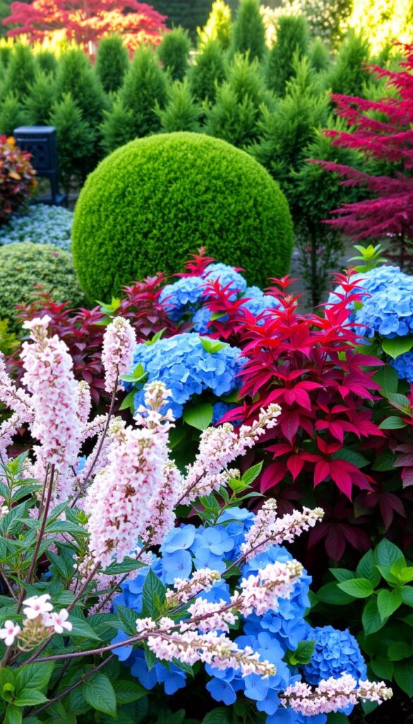 A lush, vibrant garden scene featuring a variety of flowering shrubs in full bloom. In the foreground, delicate pink and white blossoms of a spiraea bush sway gently in the breeze. Behind it, a rounded boxwood shrub contrasts with the fiery red leaves of a Japanese maple tree. In the middle ground, a hydrangea bush bursts with blue and purple flowers, complemented by the lush green foliage of a viburnum. The background is filled with a mix of evergreen and deciduous shrubs, creating depth and dimension. Warm, soft lighting bathes the scene, highlighting the intricate textures and vibrant colors of the plants. The overall composition conveys a sense of natural beauty and seasonal change, perfectly capturing the essence of a flourishing garden throughout the year. A lush, vibrant garden scene featuring a variety of flowering shrubs in full bloom. In the foreground, delicate pink and white blossoms of a spiraea bush sway gently in the breeze. Behind it, a rounded boxwood shrub contrasts with the fiery red leaves of a Japanese maple tree. In the middle ground, a hydrangea bush bursts with blue and purple flowers, complemented by the lush green foliage of a viburnum. The background is filled with a mix of evergreen and deciduous shrubs, creating depth and dimension. Warm, soft lighting bathes the scene, highlighting the intricate textures and vibrant colors of the plants. The overall composition conveys a sense of natural beauty and seasonal change, perfectly capturing the essence of a flourishing garden throughout the year.