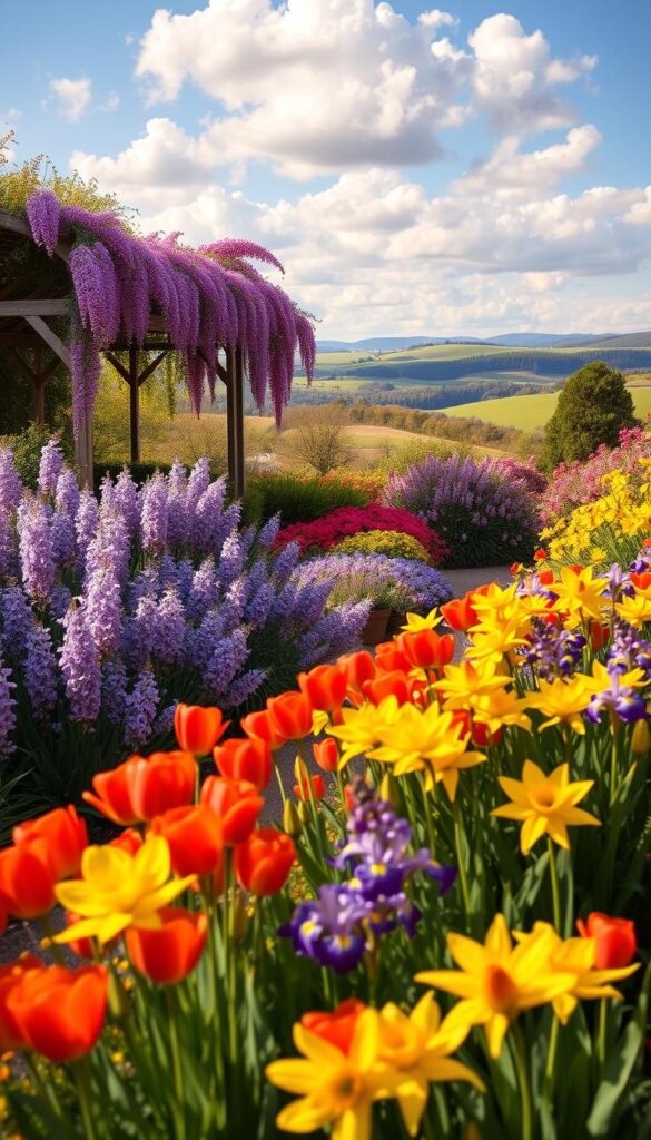 A lush, vibrant garden scene in warm, seasonal hues. The foreground features a colorful array of blooming flowers - vibrant red tulips, sunny yellow daffodils, and delicate lavender irises. The middle ground showcases a riot of color, with swaying bushes of pink azaleas and purple wisteria cascading from trellises. In the background, a picturesque landscape unfolds, with rolling hills and a clear blue sky dotted with fluffy white clouds. The lighting is natural and diffused, casting a soft, golden glow over the entire scene. The composition is balanced, drawing the eye to the harmonious blend of seasonal tones and textures. The overall atmosphere is one of tranquility and the joyful celebration of nature's beauty. A lush, vibrant garden scene in warm, seasonal hues. The foreground features a colorful array of blooming flowers - vibrant red tulips, sunny yellow daffodils, and delicate lavender irises. The middle ground showcases a riot of color, with swaying bushes of pink azaleas and purple wisteria cascading from trellises. In the background, a picturesque landscape unfolds, with rolling hills and a clear blue sky dotted with fluffy white clouds. The lighting is natural and diffused, casting a soft, golden glow over the entire scene. The composition is balanced, drawing the eye to the harmonious blend of seasonal tones and textures. The overall atmosphere is one of tranquility and the joyful celebration of nature's beauty.