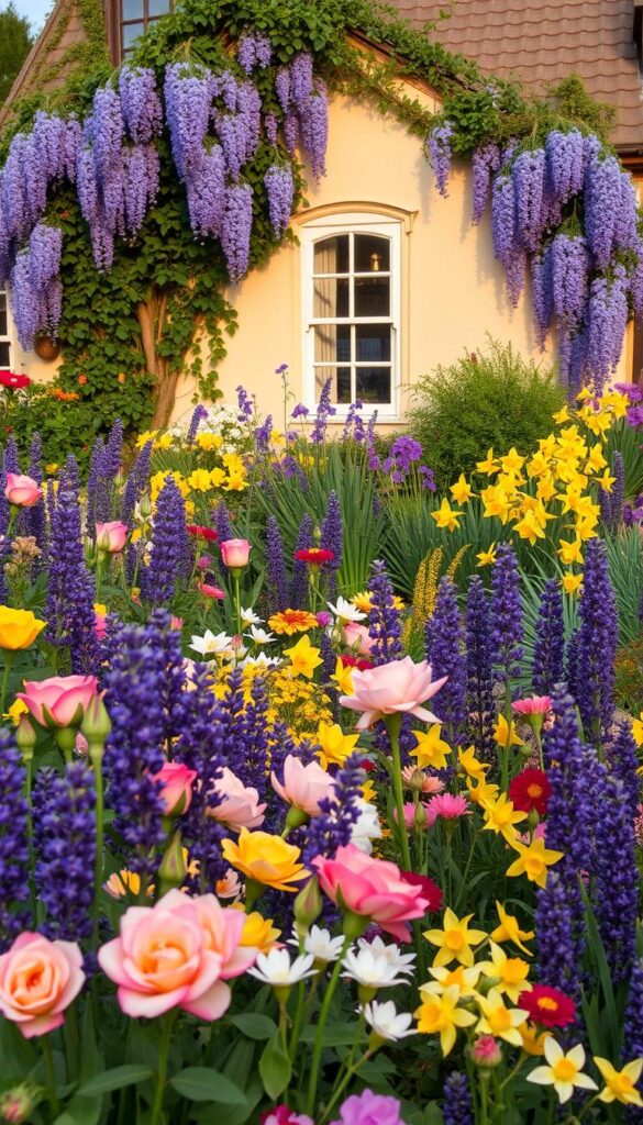 A lush, vibrant garden scene showcasing a vibrant array of flowers and plants. In the foreground, a kaleidoscope of blooms - roses, lavender, and jasmine - their colors and scents mingling in a harmonious symphony. The middle ground features a variety of complementary hues, from the deep purple of irises to the sunny yellow of daffodils, all basking in the warm, golden light of a late afternoon sun. In the background, a picturesque cottage with a quaint, charming exterior, its windows framed by climbing vines and trailing wisteria, creating a sense of timeless, cottage-garden beauty. The overall scene exudes a serene, enchanting atmosphere, inviting the viewer to pause and immerse themselves in the captivating interplay of color and fragrance.