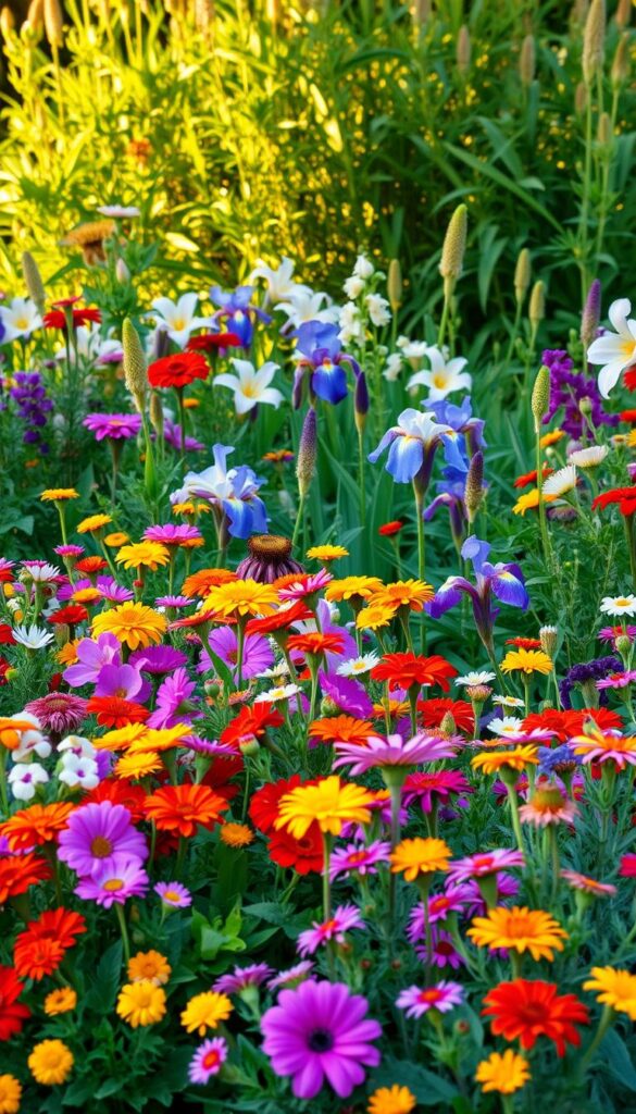 A lush, vibrant garden scene showcasing the contrast between annual and perennial plants. In the foreground, delicate annuals such as petunias, marigolds, and zinnias burst with color and bloom abundantly. The midground features a mix of perennial favorites like daylilies, coneflowers, and irises, their foliage and flowers complementing the annuals. The background is filled with a verdant backdrop of mature perennial plants, their sturdy stems and long-lasting blooms creating a sense of permanence. Warm, golden lighting bathes the scene, highlighting the diverse textures and hues of the flora. The overall composition conveys the cyclical nature of annual and perennial blooms, inviting the viewer to appreciate the unique qualities and roles they play in the garden. A lush, vibrant garden scene showcasing the contrast between annual and perennial plants. In the foreground, delicate annuals such as petunias, marigolds, and zinnias burst with color and bloom abundantly. The midground features a mix of perennial favorites like daylilies, coneflowers, and irises, their foliage and flowers complementing the annuals. The background is filled with a verdant backdrop of mature perennial plants, their sturdy stems and long-lasting blooms creating a sense of permanence. Warm, golden lighting bathes the scene, highlighting the diverse textures and hues of the flora. The overall composition conveys the cyclical nature of annual and perennial blooms, inviting the viewer to appreciate the unique qualities and roles they play in the garden.