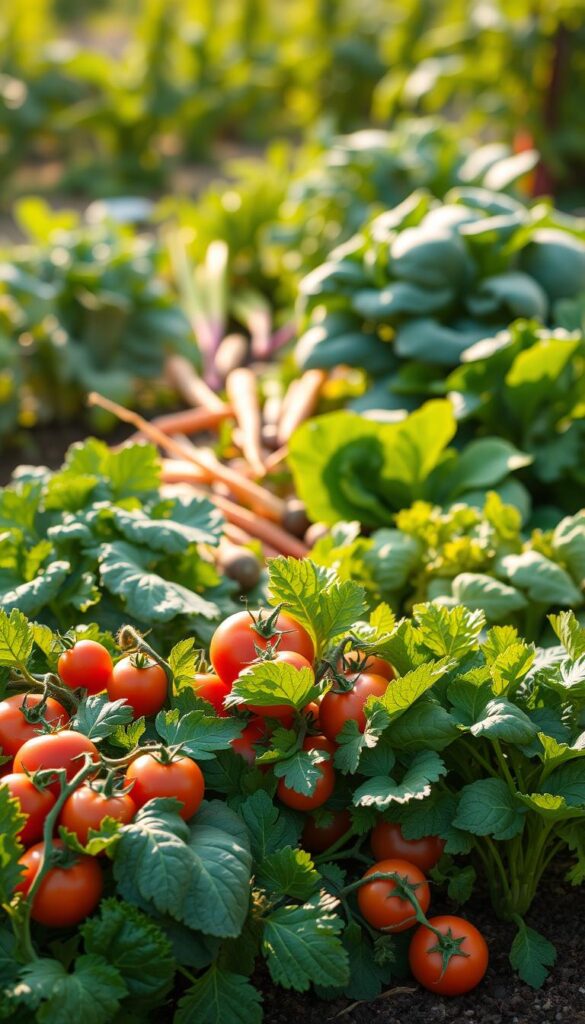 A lush, vibrant garden scene showcasing the diverse vegetable families. In the foreground, a cluster of plump, juicy tomatoes nestled among verdant vines. Surrounding them, a tapestry of leafy greens - kale, spinach, and chard - their broad, textured leaves casting gentle shadows. Towards the middle ground, a cluster of root vegetables - carrots, beets, and radishes - their vibrant colors peeking out from the rich, earthy soil. In the background, a hazy, atmospheric setting with hints of other vegetables, creating a sense of depth and abundance. The scene is bathed in warm, natural light, casting a golden glow and accentuating the vibrant hues of the produce. Composed with a sense of harmony and balance, inviting the viewer to appreciate the diversity and interconnectedness of the vegetable kingdom. A lush, vibrant garden scene showcasing the diverse vegetable families. In the foreground, a cluster of plump, juicy tomatoes nestled among verdant vines. Surrounding them, a tapestry of leafy greens - kale, spinach, and chard - their broad, textured leaves casting gentle shadows. Towards the middle ground, a cluster of root vegetables - carrots, beets, and radishes - their vibrant colors peeking out from the rich, earthy soil. In the background, a hazy, atmospheric setting with hints of other vegetables, creating a sense of depth and abundance. The scene is bathed in warm, natural light, casting a golden glow and accentuating the vibrant hues of the produce. Composed with a sense of harmony and balance, inviting the viewer to appreciate the diversity and interconnectedness of the vegetable kingdom.