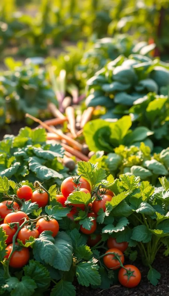 A lush, vibrant garden scene showcasing the diverse vegetable families. In the foreground, a cluster of plump, juicy tomatoes nestled among verdant vines. Surrounding them, a tapestry of leafy greens - kale, spinach, and chard - their broad, textured leaves casting gentle shadows. Towards the middle ground, a cluster of root vegetables - carrots, beets, and radishes - their vibrant colors peeking out from the rich, earthy soil. In the background, a hazy, atmospheric setting with hints of other vegetables, creating a sense of depth and abundance. The scene is bathed in warm, natural light, casting a golden glow and accentuating the vibrant hues of the produce. Composed with a sense of harmony and balance, inviting the viewer to appreciate the diversity and interconnectedness of the vegetable kingdom. A lush, vibrant garden scene showcasing the diverse vegetable families. In the foreground, a cluster of plump, juicy tomatoes nestled among verdant vines. Surrounding them, a tapestry of leafy greens - kale, spinach, and chard - their broad, textured leaves casting gentle shadows. Towards the middle ground, a cluster of root vegetables - carrots, beets, and radishes - their vibrant colors peeking out from the rich, earthy soil. In the background, a hazy, atmospheric setting with hints of other vegetables, creating a sense of depth and abundance. The scene is bathed in warm, natural light, casting a golden glow and accentuating the vibrant hues of the produce. Composed with a sense of harmony and balance, inviting the viewer to appreciate the diversity and interconnectedness of the vegetable kingdom.