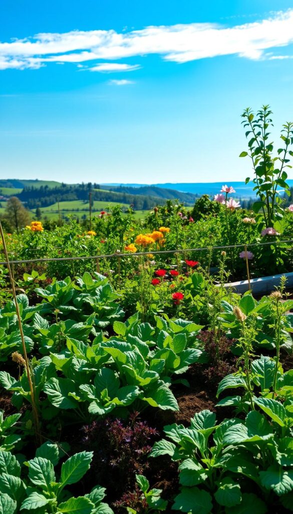 A lush, vibrant garden scene showcasing the harmonious relationship between diverse plant species. In the foreground, a variety of leafy greens, vegetables, and herbs grow together in an organized, visually appealing arrangement. The middle ground features flowering plants in complementary colors, creating a captivating tapestry. In the background, a tranquil landscape with rolling hills, a clear blue sky, and the warm glow of natural sunlight, evoking a sense of balance and natural abundance. The composition is captured with a wide-angle lens, highlighting the interconnectedness of the ecosystem. The overall mood is one of serenity, productivity, and the beauty that arises from carefully planned companion planting.