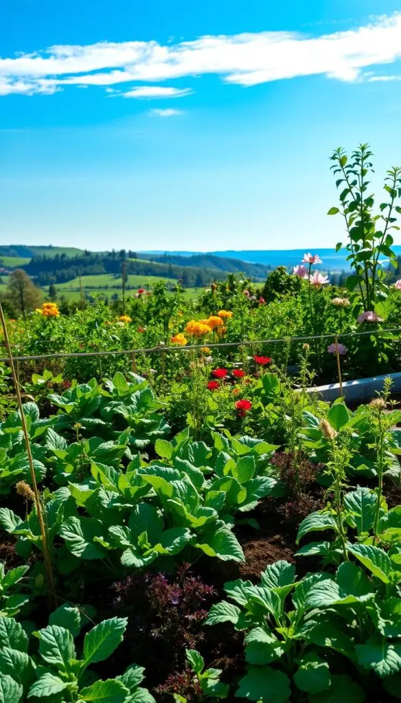 A lush, vibrant garden scene showcasing the harmonious relationship between diverse plant species. In the foreground, a variety of leafy greens, vegetables, and herbs grow together in an organized, visually appealing arrangement. The middle ground features flowering plants in complementary colors, creating a captivating tapestry. In the background, a tranquil landscape with rolling hills, a clear blue sky, and the warm glow of natural sunlight, evoking a sense of balance and natural abundance. The composition is captured with a wide-angle lens, highlighting the interconnectedness of the ecosystem. The overall mood is one of serenity, productivity, and the beauty that arises from carefully planned companion planting.