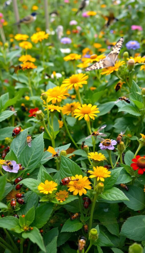A lush, vibrant garden scene with a variety of beneficial insects thriving amidst the vegetation. In the foreground, a close-up view of ladybugs, lacewings, and parasitic wasps crawling and fluttering among the leaves and flowers. In the middle ground, a diverse array of pollinators such as bees, butterflies, and hoverflies sipping nectar from colorful blossoms. The background showcases a balanced ecosystem with birds, spiders, and other predatory insects maintaining a natural pest control balance. Soft, diffused lighting illuminates the scene, creating a serene and harmonious atmosphere that celebrates the vital role of beneficial insects in a healthy, organic vegetable garden. A lush, vibrant garden scene with a variety of beneficial insects thriving amidst the vegetation. In the foreground, a close-up view of ladybugs, lacewings, and parasitic wasps crawling and fluttering among the leaves and flowers. In the middle ground, a diverse array of pollinators such as bees, butterflies, and hoverflies sipping nectar from colorful blossoms. The background showcases a balanced ecosystem with birds, spiders, and other predatory insects maintaining a natural pest control balance. Soft, diffused lighting illuminates the scene, creating a serene and harmonious atmosphere that celebrates the vital role of beneficial insects in a healthy, organic vegetable garden.